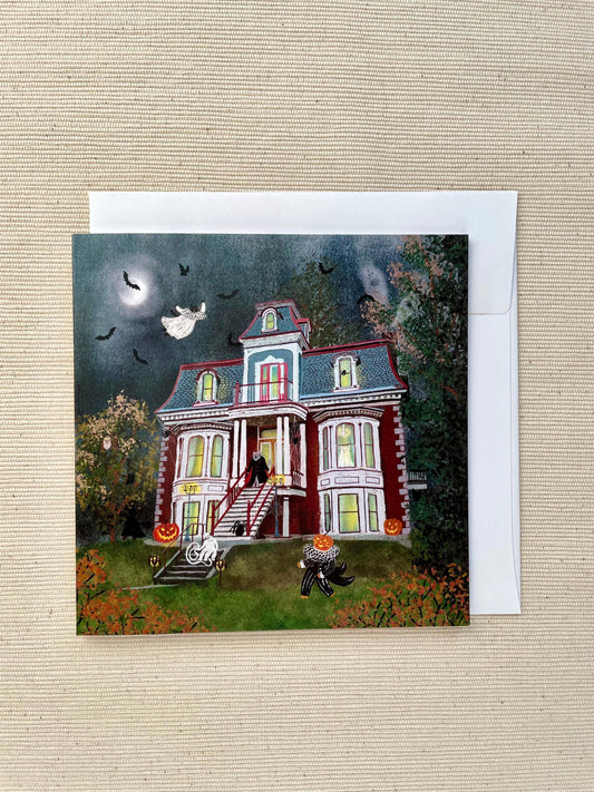 Spooky Mansion Cats Halloween 5x5 Greeting Card – Haunted House Blank Card with Envelope