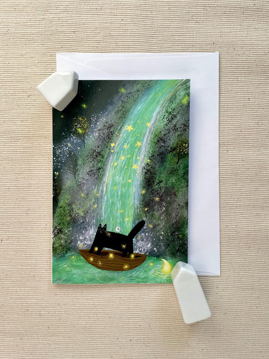 Whimsical Black Cat Waterfall Adventure 4x6 Greeting Card – Magical Blank Card with Envelope for Cat Lovers