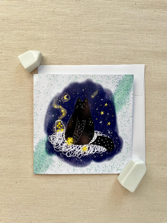 Whimsical Black Cat in the Stars 5x5 Greeting Card – Celestial-Themed Blank Card with Envelope for Cat Lovers