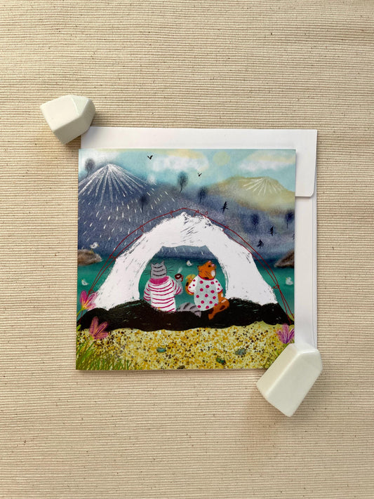 Camping Cats 5x5 Friendship or Love Greeting Card – Cozy Outdoors Blank Card with Envelope for Cat Lovers