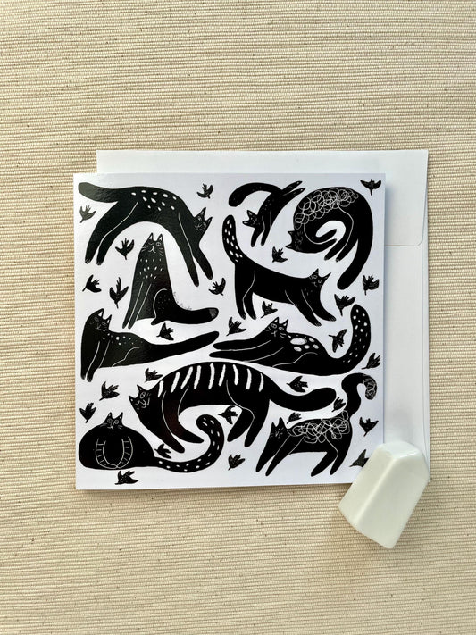 Whimsical Greek Cats 5x5 Greeting Card – Playful Black and White Cat-Themed Blank Card with Envelope