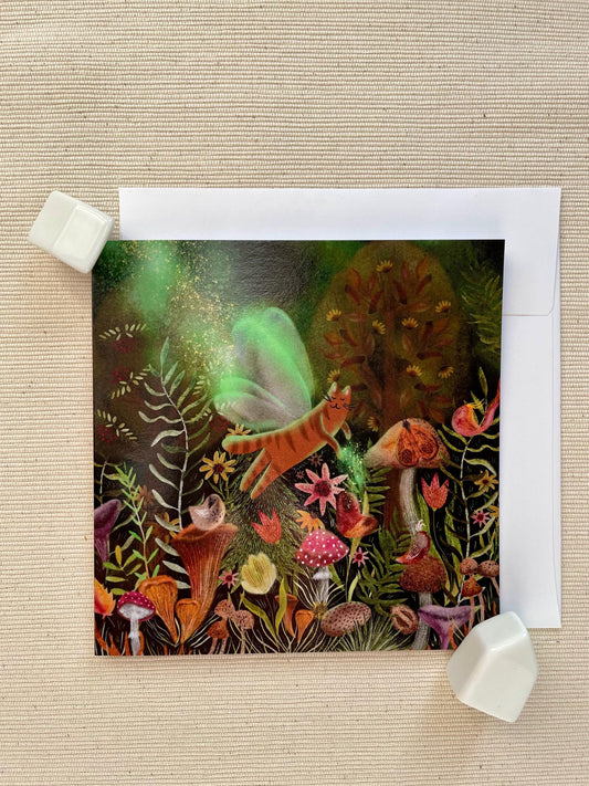 Magical Forest Cat 5x5 Greeting Card – Enchanting Cat-Themed Blank Card with Envelope, Perfect for Cat Lovers and Fantasy Enthusiasts