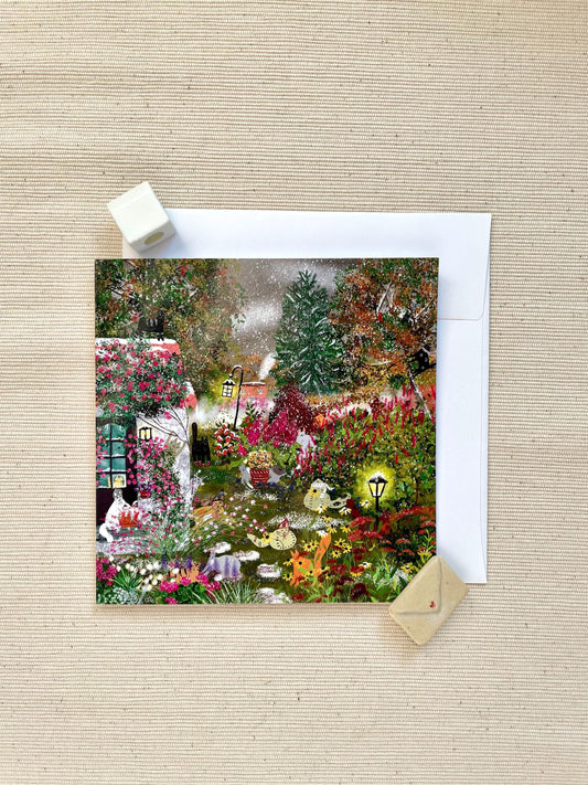 Snowy Autumn Garden with Cats 5x5 Greeting Card – Purrfect Cozy Fall Scene, Blank Card with Envelope for Cat Lovers