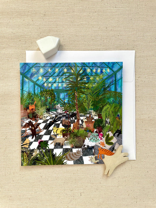 Greenhouse Party Cats 5x5 Greeting Card – Playful Cat-Themed Blank Card with Envelope, Purrfect for Plant and Cat Lovers