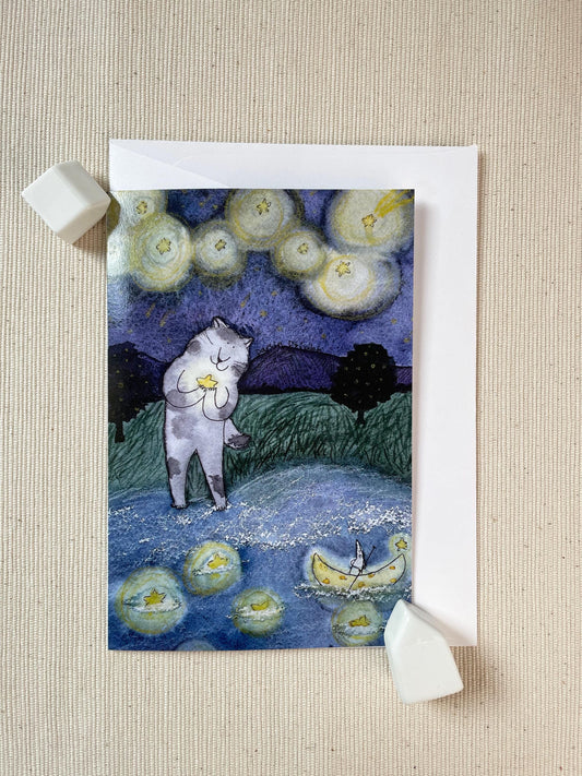 Moonlit Cat Romance 4x6 Greeting Card – Whimsical and Purrfectly Sweet Card for Love, Friendship and Cat Lovers