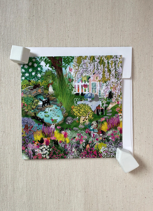 Whiskerful Garden Delight 5x5 Greeting Card – Blooming with Cats, Flowers, and Purrfect Charm