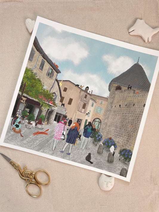 Cat art print: In medieval town