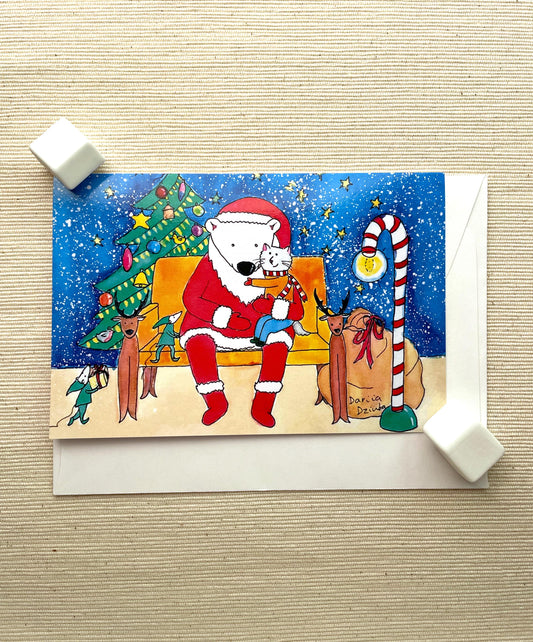 Whimsical Christmas Greeting Card (6"x4") with Envelope - Featuring Santa Polar Bear, Cat in Sweater & Festive Reindeer, Blank Inside