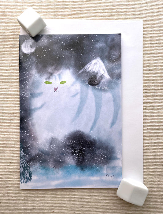 Mysterious Winter Cat Greeting Card (4"x6") with Envelope - Dreamy Snowy Landscape, Blank Inside, Perfect for Winter and Cat Lovers