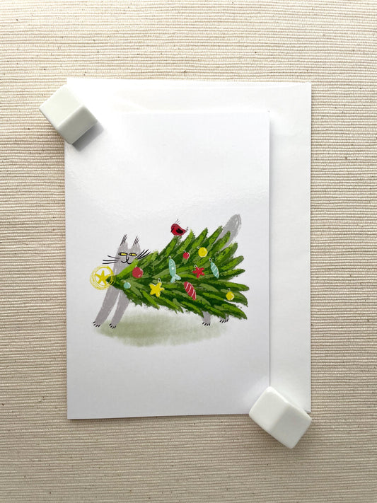 Playful Christmas Cat Greeting Card (4"x6") with Envelope - Cute Cat with a Christmas Tree, Blank Inside for Holiday Greetings