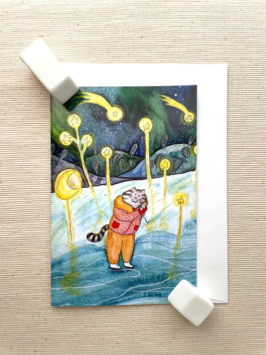 Cozy Cat Under Shooting Stars Greeting Card (4"x6") with Envelope - Whimsical Winter Scene, Blank Inside for Personalized Messages