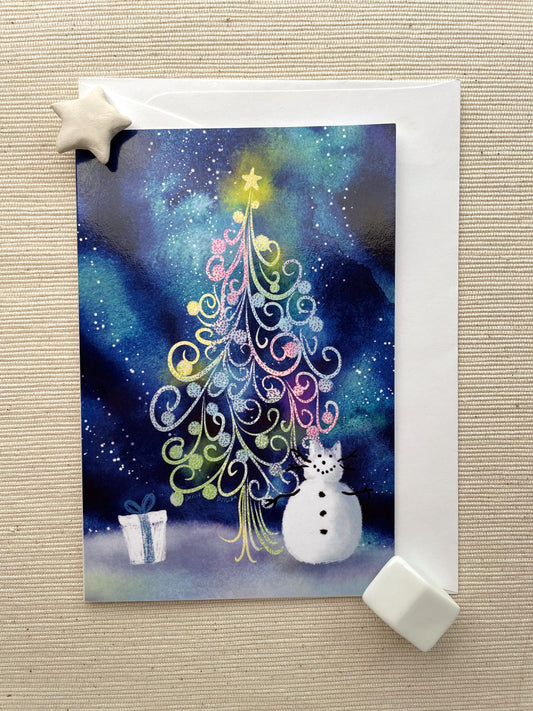 Enchanted Christmas Tree and Snow-Cat Greeting Card (4"x6") with Envelope - Magical Holiday Scene, Blank Inside for Personalized Messages