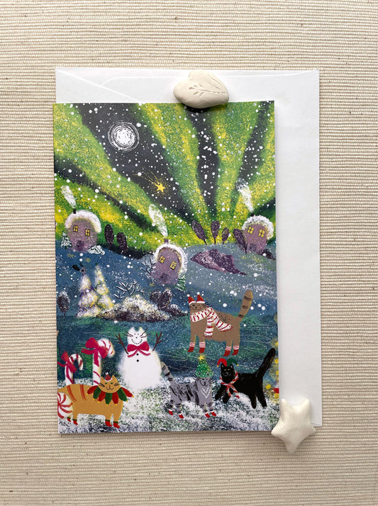 Festive Winter Cats Wonderland Greeting Card (4"x6") with Envelope - Whimsical Holiday Scene, Blank Inside for Personalized Messages