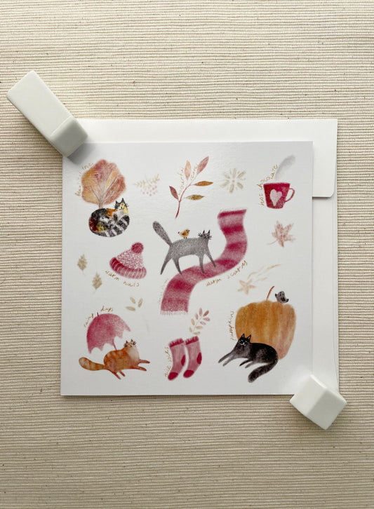 Cozy Autumn Cat Card (5"x5") - Cats and Fall Elements with Envelope, Blank Inside for Your Message