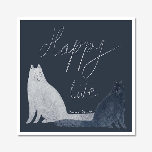 Cat art print: Happy life print of cats sitting next to each other