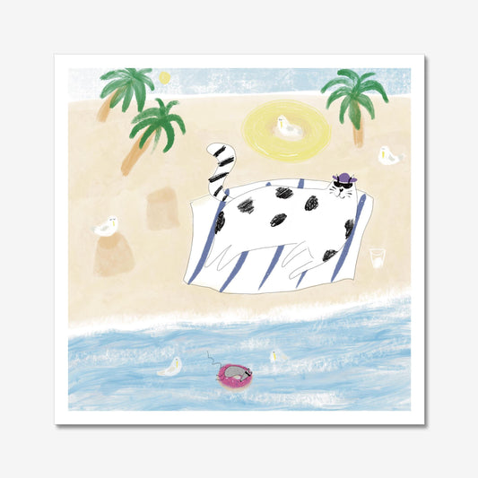 Cat art print: Cat at a beach illustration print