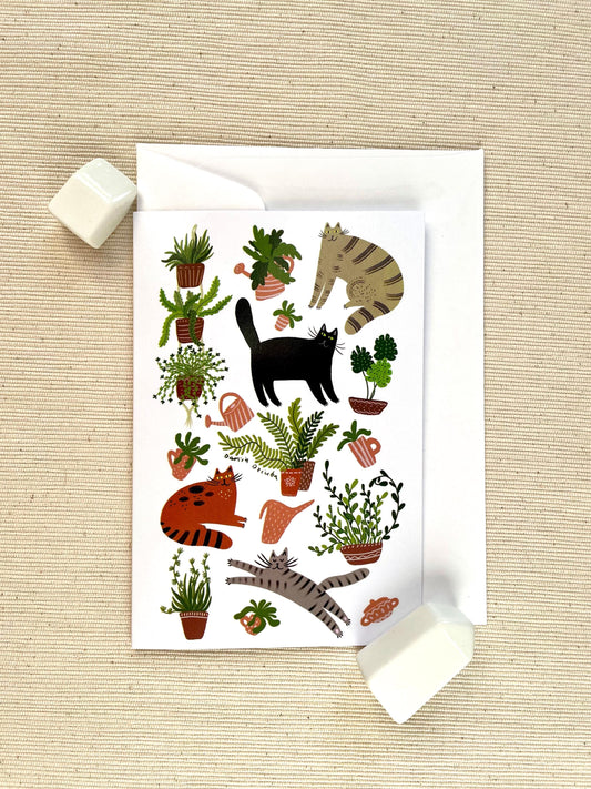 Purr-fect Pals! Whimsical 4"x6" (10x15 cm) Cat & Plant Greeting Card - Blank Inside for Any Occasion