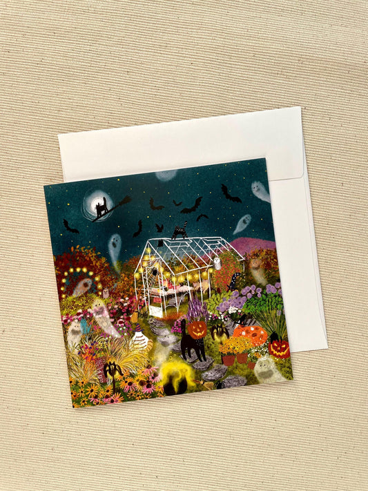 Enchanted Halloween Night - Magical 5"x5" (12.7x12.7 cm) Greeting Card with Ghosts, Ghouls, and Garden Whimsy