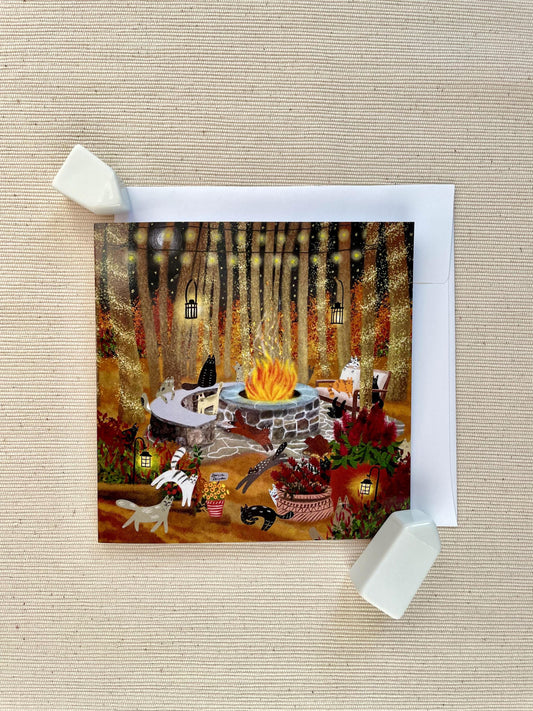 Enchanted Autumn Evenings: A Cozy Cat Gathering at a Fire Pit - Magical Forest Cats Greeting Card, 5x5" (12.7x12.7 cm)