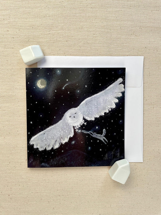 Nighttime Whisper - Enchanting Owl, Cat and Stars Greeting Card, 5x5" (12.7x12.7 cm)