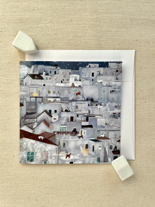 Whimsical Cats of Pueblos Blancos 5x5 Greeting Card – Charming Spanish Village-Inspired Blank Card with Envelope