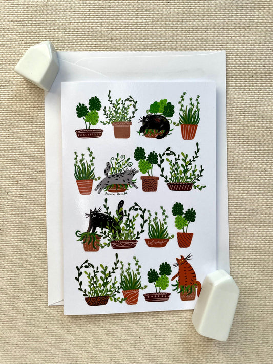 Playful Cats and Plants 4x6 Greeting Card – Whimsical Blank Card with Envelope for Plant and Cat Lovers