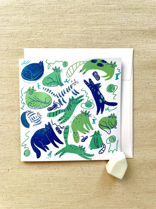 Cats and Threads - Playful Cats in Green & Blue 5x5 Greeting Card – Fun and Whimsical Blank Card with Envelope for Cat Lovers