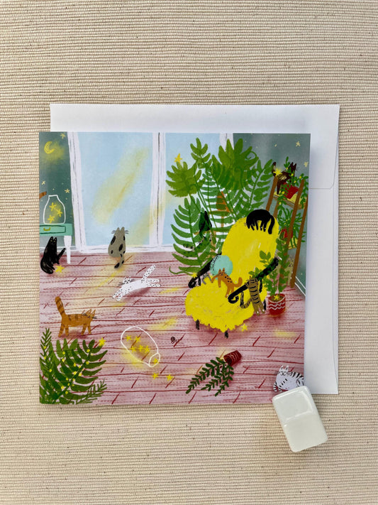 Cozy Cats and Plants 5x5 Greeting Card – Whimsical Cat-Themed Blank Card with Envelope for Cat Lovers