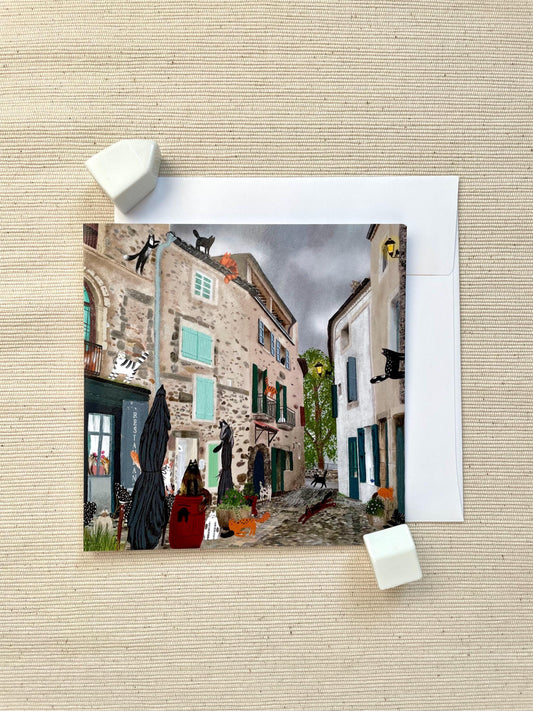 Charming Village Cats 5x5 Greeting Card – Whimsical Cat-Themed Blank Card with Envelope, Purrfect for Cat Lovers and Travel Enthusiasts