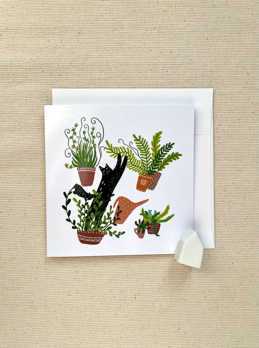 Plant Lover's Cat 5x5 Greeting Card – Playful Cat-Themed Blank Card with Envelope, Purrfect for Plant and Cat Enthusiasts