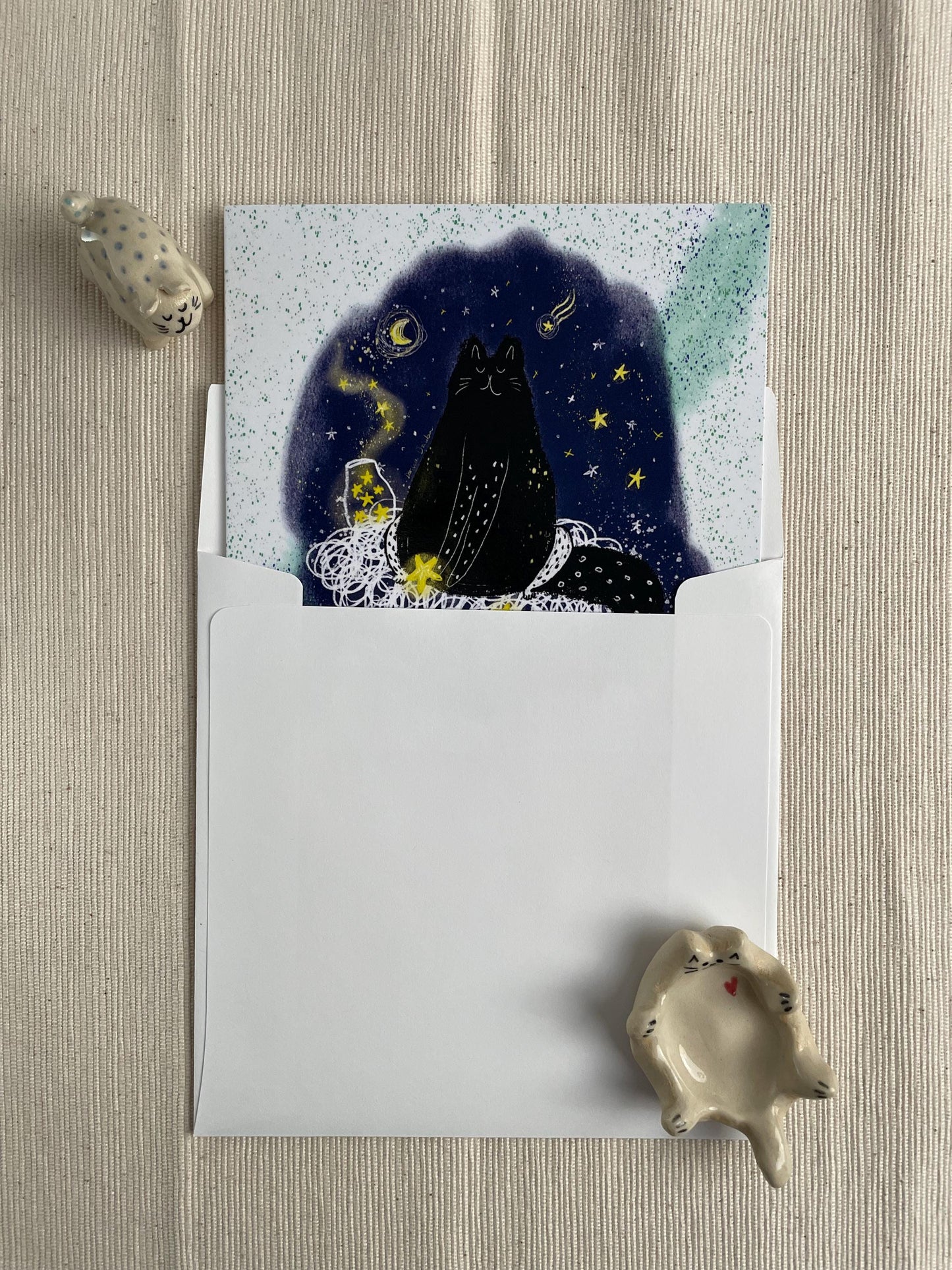 Whimsical Black Cat in the Stars 5x5 Greeting Card – Celestial-Themed Blank Card with Envelope for Cat Lovers