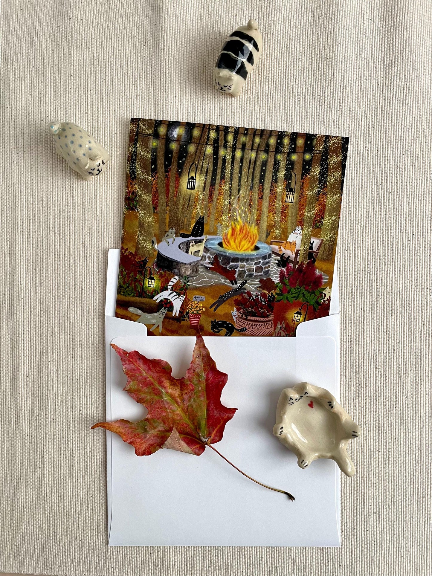 Enchanted Autumn Evenings: A Cozy Cat Gathering at a Fire Pit - Magical Forest Cats Greeting Card, 5x5" (12.7x12.7 cm)