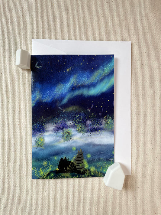 Stargazing Cats and Fireflies 4x6 Greeting Card – Purrfect for Friendship, Love, or Special Moments Under the Stars