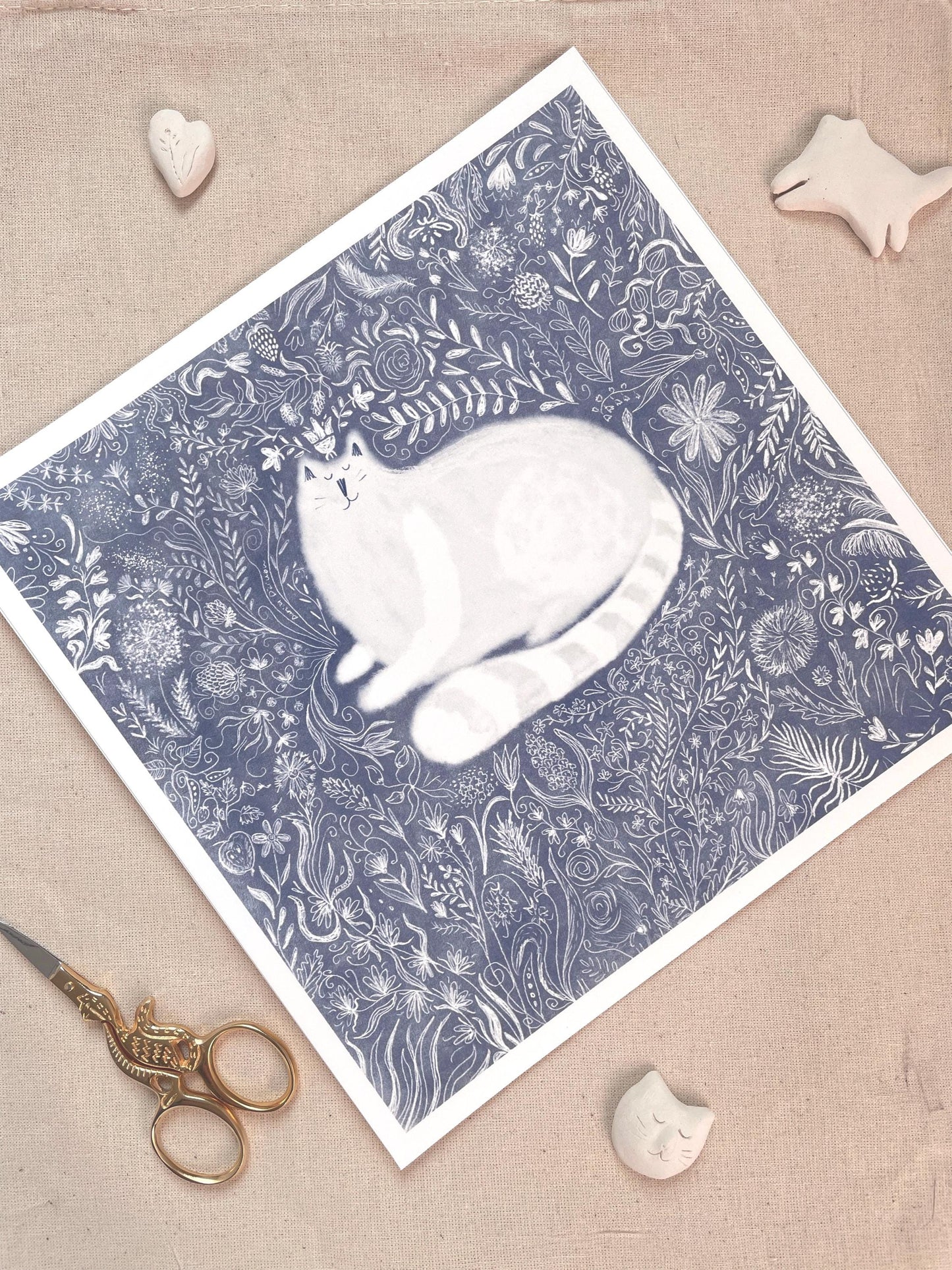 Cat art print: Cat in doodled flowers