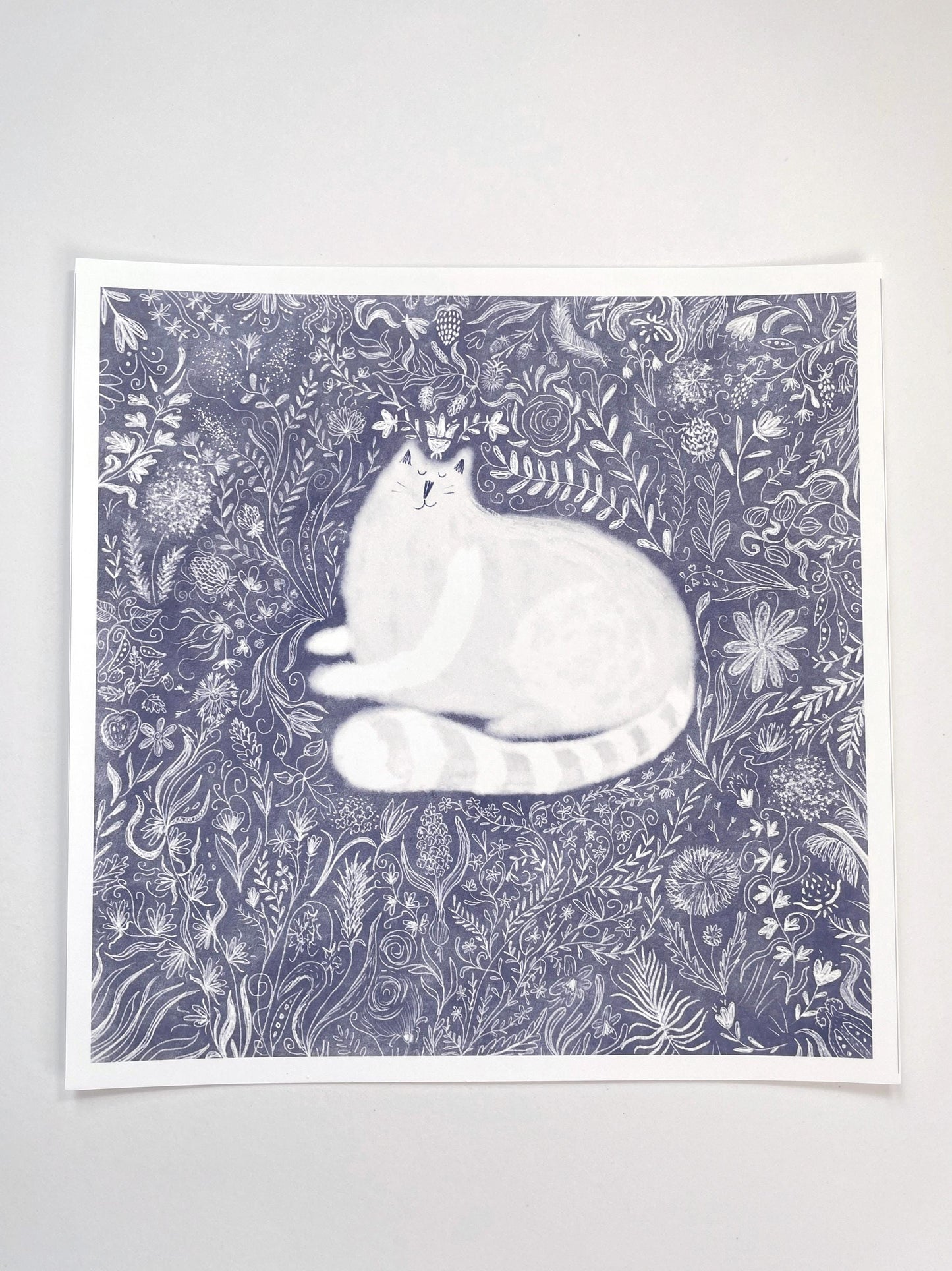 Cat art print: Cat in doodled flowers