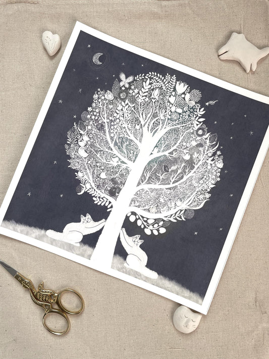 Cat art print: Doodled tree