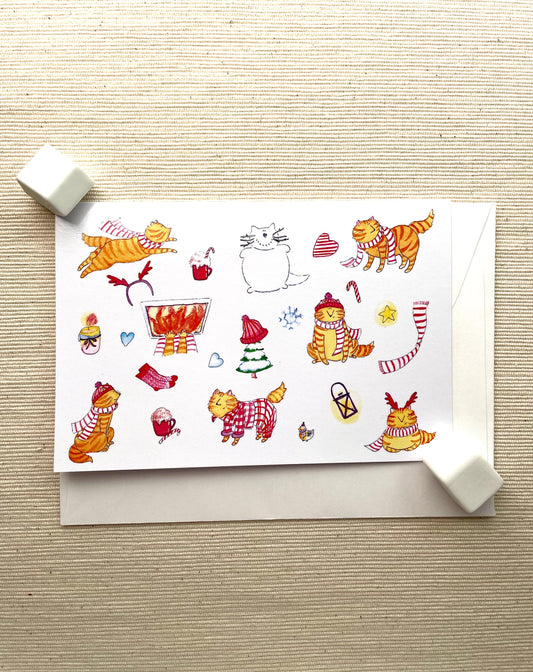 Cozy Christmas Cats Greeting Card (6"x4") with Envelope - Blank Inside, Perfect for Cat Lovers, Holiday Cheer, Festive Feline Fun & Puns