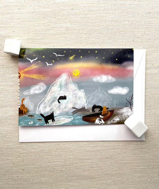 Enchanting Arctic Cat Adventure Greeting Card (6"x4") with Envelope - Whimsical Cats, Winter Landscape, Blank Inside for Your Message