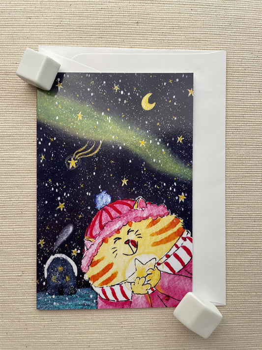 Cozy Starry Night Cat Greeting Card (4"x6") with Envelope - Whimsical Winter Scene, Blank Inside, Perfect for Holiday or Winter Greetings