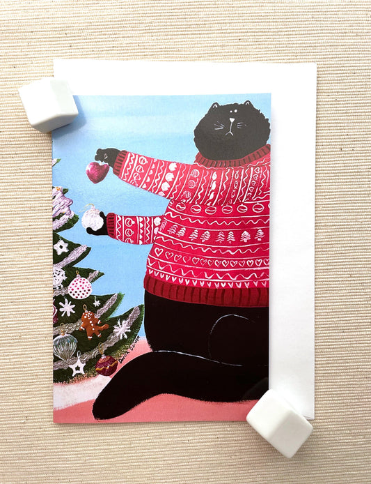 Festive Cat in Sweater Holiday Greeting Card (4"x6") with Envelope - Cozy Christmas Scene, Blank Inside for Personalized Messages