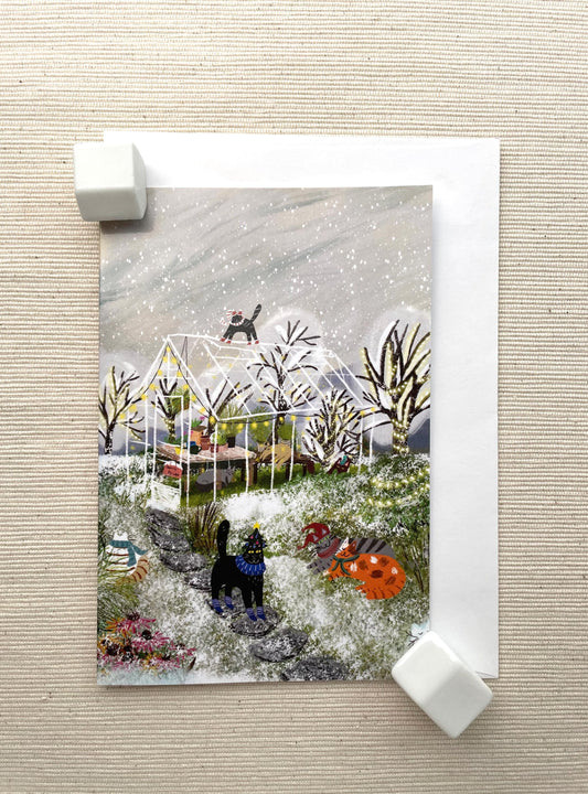 Festive Greenhouse Cats Holiday Greeting Card (4"x6") with Envelope - Cozy Winter Scene, Blank Inside for Holiday Greetings