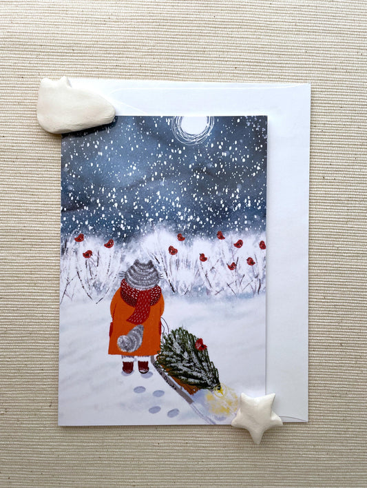 Winter Walk with Christmas Tree Greeting Card (4"x6") with Envelope - Cozy Snowy Scene, Blank Inside for Personalized Greetings