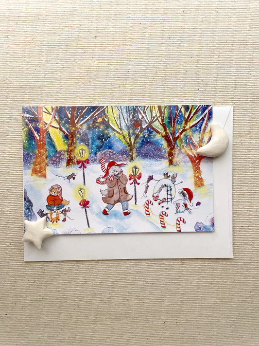 Festive Winter Forest Fun Greeting Card (6"x4") with Envelope - Whimsical Holiday Scene, Blank Inside for Personalized Messages