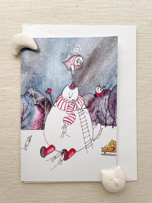 Whimsical Snowcat Construction Greeting Card (4"x6") with Envelope - Playful Winter Fun, Blank Inside for Personalized Messages