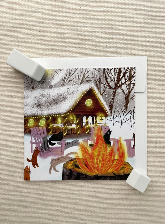 Cozy Winter Cabin Cat Holiday Card (5"x5") with Envelope - Charming Cats Around the Fire, Blank Inside for Your Festive Message