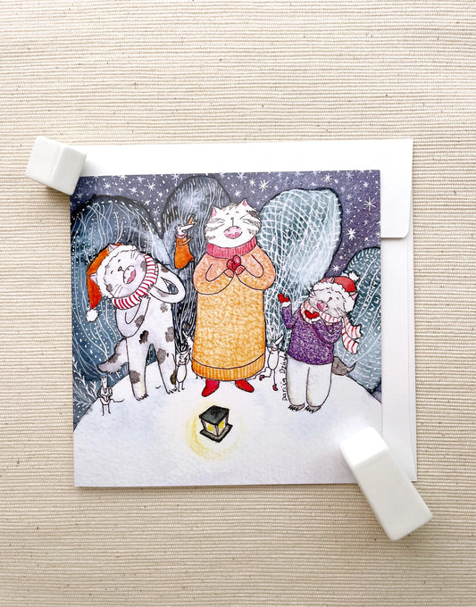 Festive Cat Choir Holiday Card (5"x5") with Envelope - Cats Singing Carols in the Snow, Blank Inside for Your Message