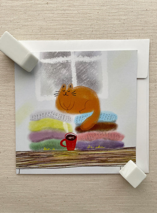 Cozy Cat Relaxing by the Window with Coffee - 5"x5" Greeting Card for Winter Comfort, Warm Greetings, and Thoughtful Messages