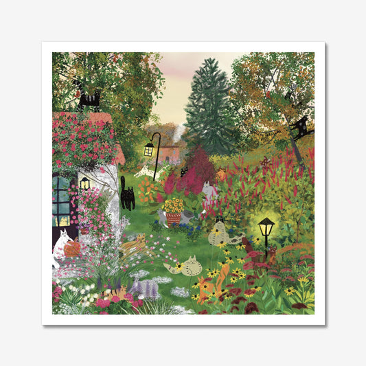 Cat art print: Cats in garden with flowers, sunset and shed illustration