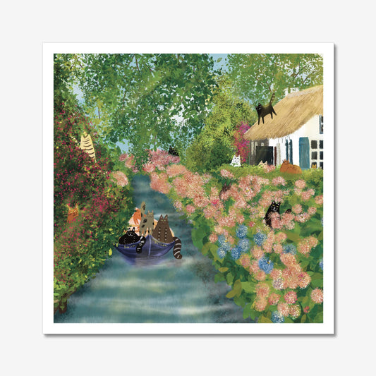 Cat art print: Cats in garden with flowers, trees, bees, butterflies on canal illustration artwork