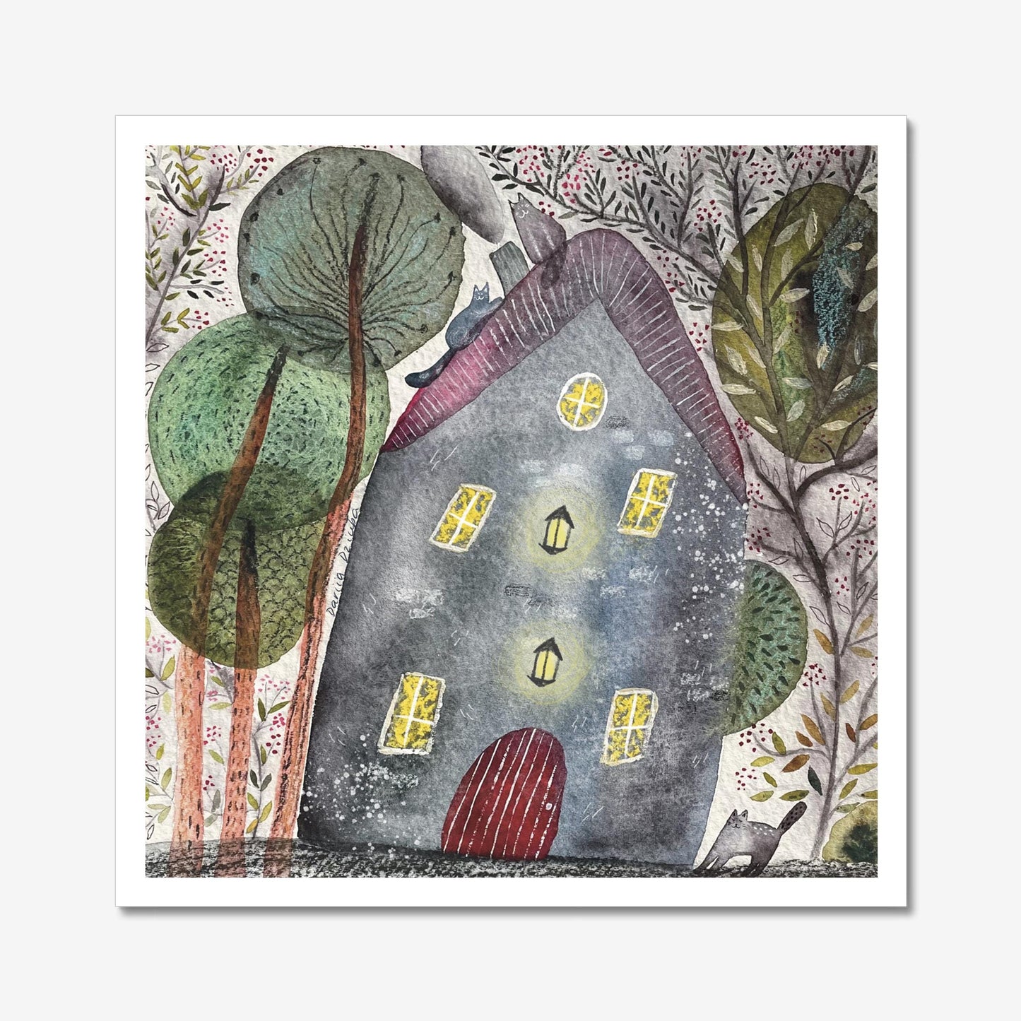 Cat art print: Cats and a crooked house illustration